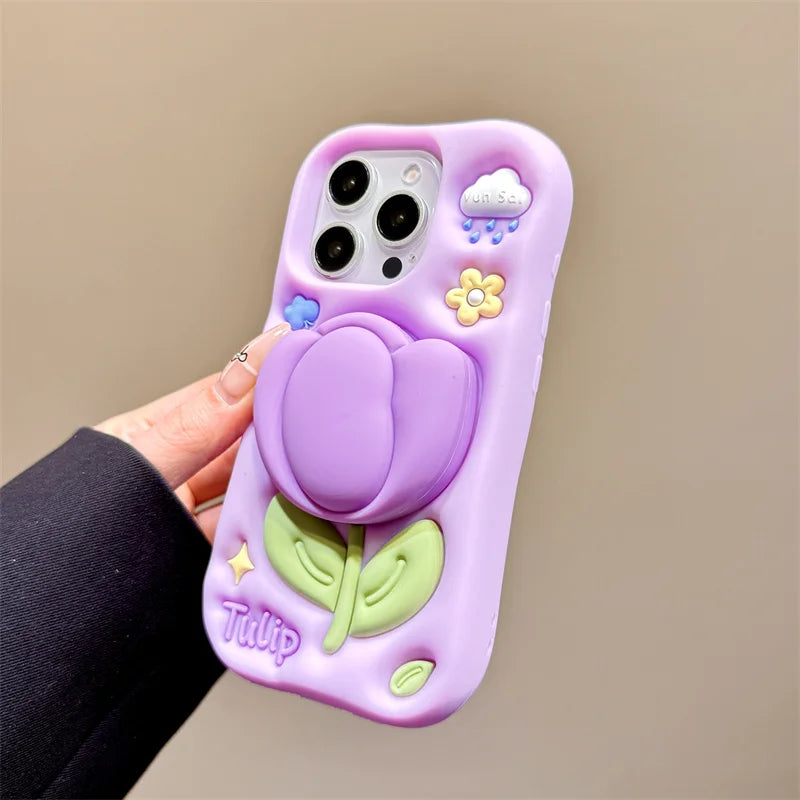 Cartoon 3D Purple Tulip Bracket Phone Case