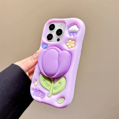 Cartoon 3D Purple Tulip Bracket Phone Case