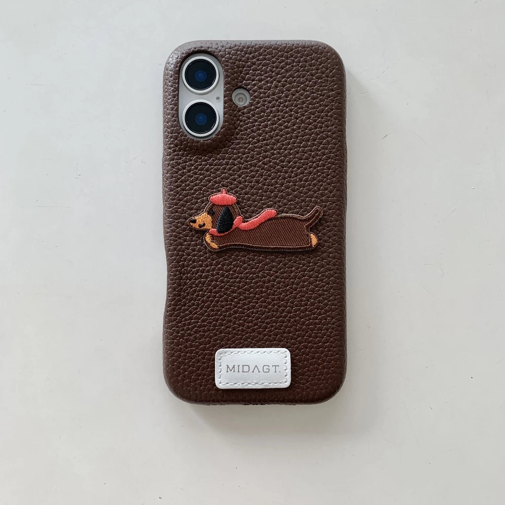 Cartoon Embroidered Cat Dog Series Stickers Solid Color Leather Phone Case