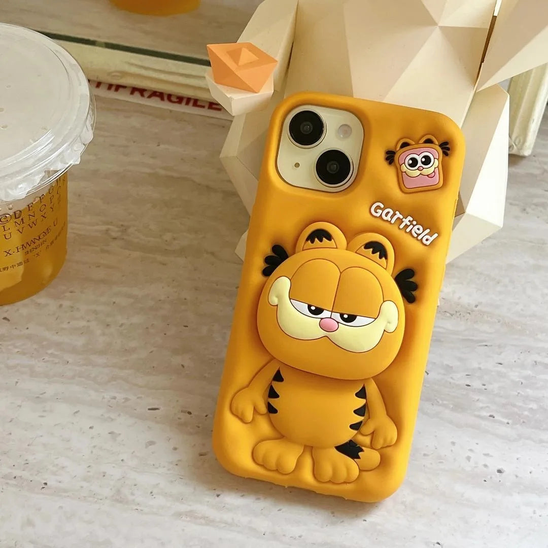Cute 3D Carfield Head Grip Tok Holder Cartoon Rubber Silicon Soft Phone Case