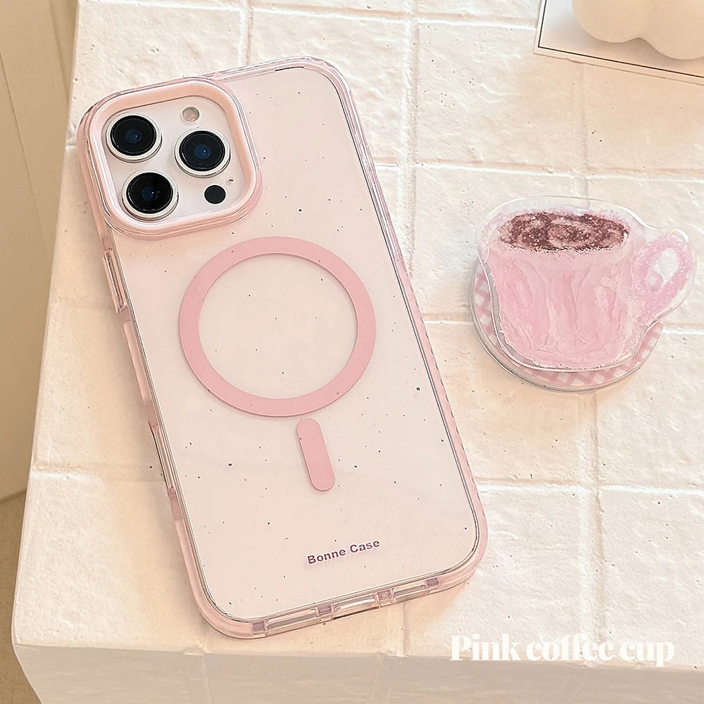 3D Cute Coffee Cup Clear Magnetic Grip Tok Pink Phone Case