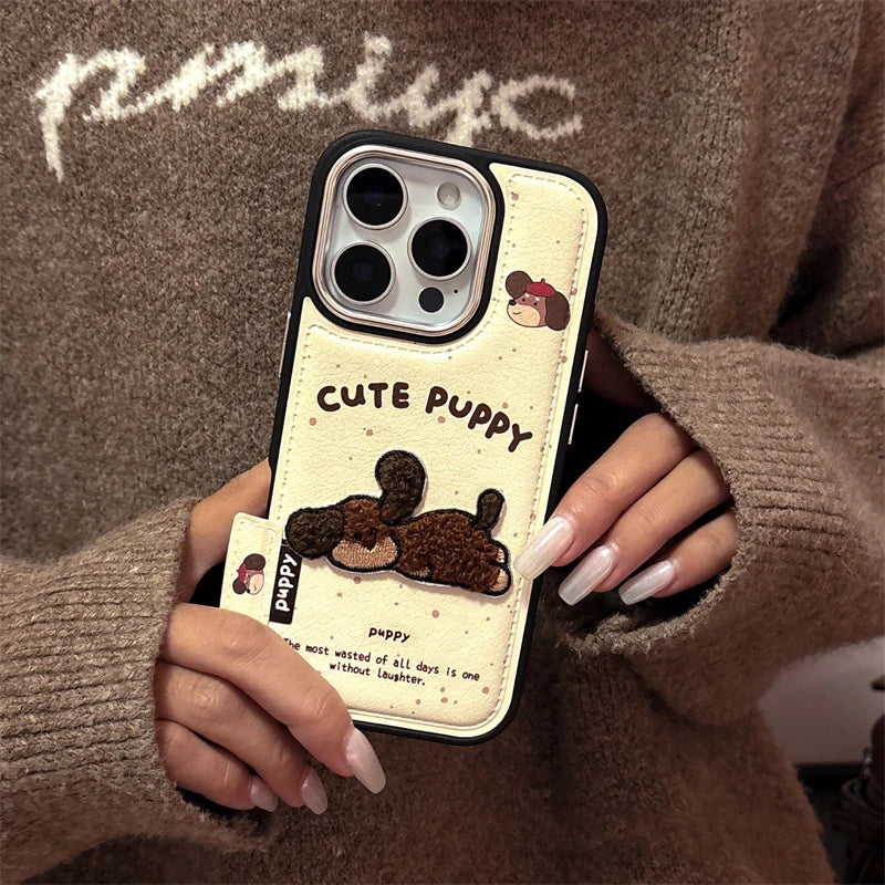 Cute 3D Embroidery Puppy Leather Texture Phone Case