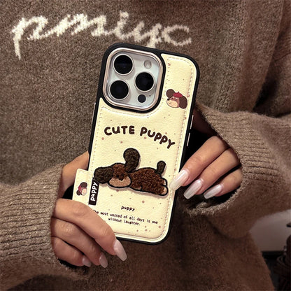 Cute 3D Embroidery Puppy Leather Texture Phone Case