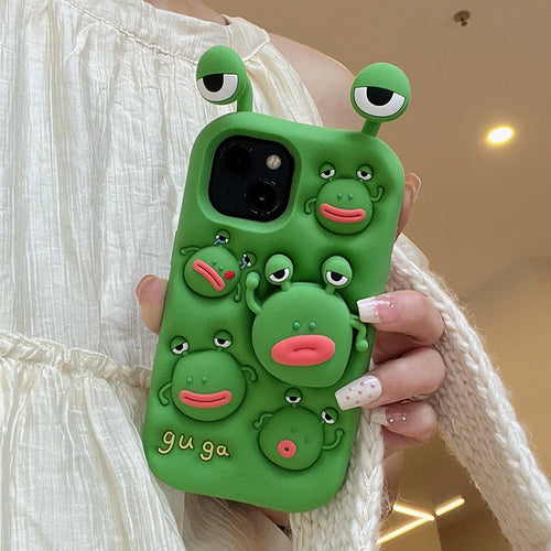 3D Cute Silicone Telescopic Bracket Thick Lips Green Frog Phone Case