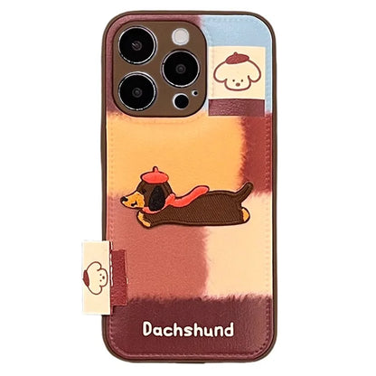 Lovely Embroidered Puppy Dog Leather Drum Bag Phone Case