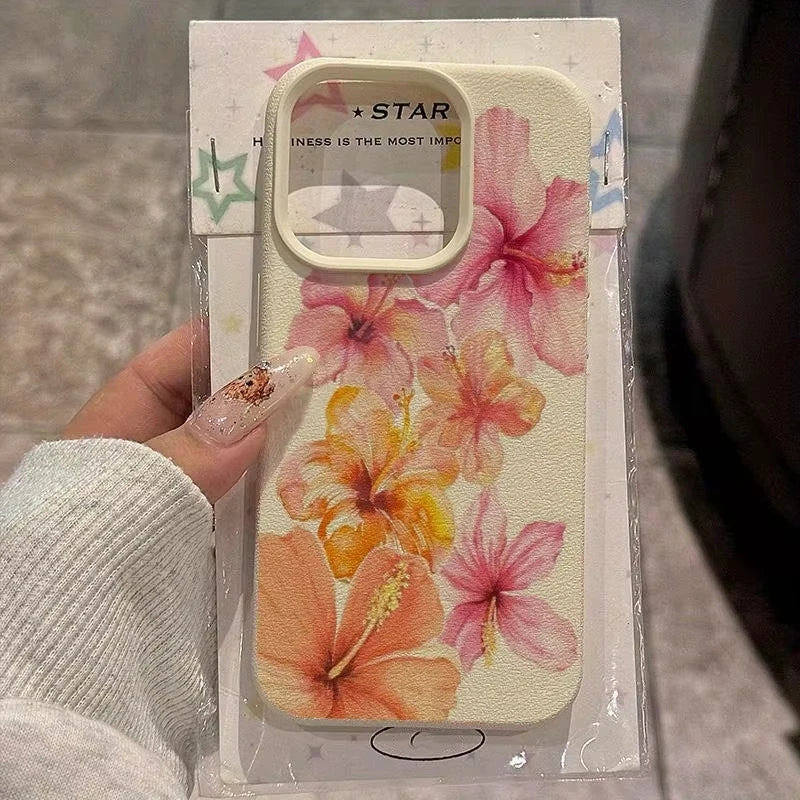 Watercolor Hibiscus Flower Lichee Pattern Silicone Phone Case New