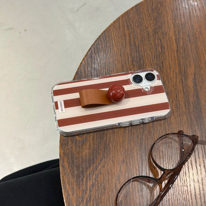 3D Ball Ring Buckle Bracket Leather Texture Simple Stripes Phone Case
