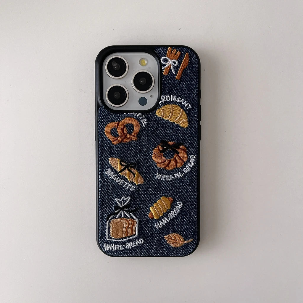 Retro Denim Embroidery Bread Toast Series Shockproof Protective Phone Case