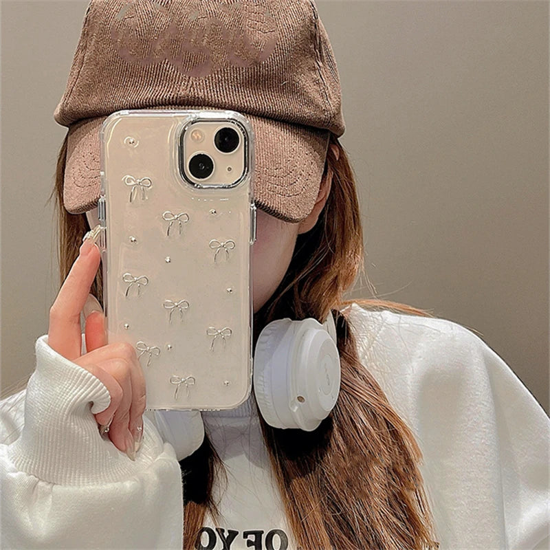INS Korea Glitter 3D Silver Bow Beads Phone Case