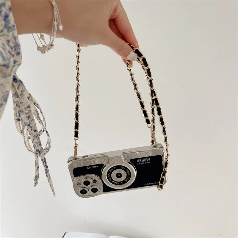 Retro Camera Sling iPhone Case with PU Leather Lanyard