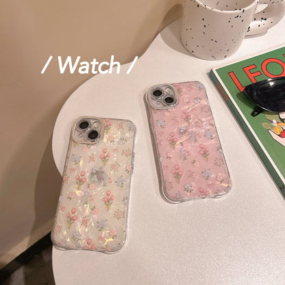 Stylish Illusory Color Shell Pattern Full Screen Tulip Flowers Rhinestone Lens Phone Case