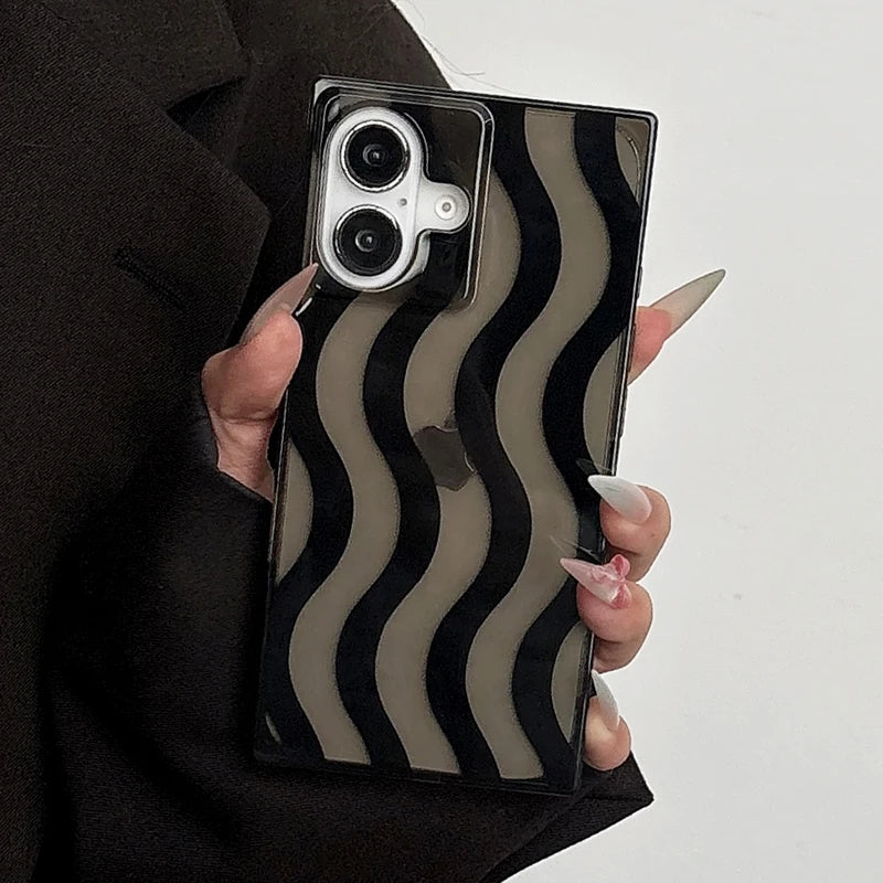 Ins Rectangular Edge Black Wavy Stripes Shockproof Phone Case