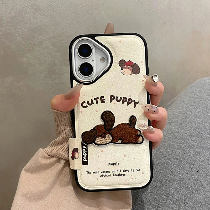 Cute 3D Embroidery Puppy Leather Texture Phone Case
