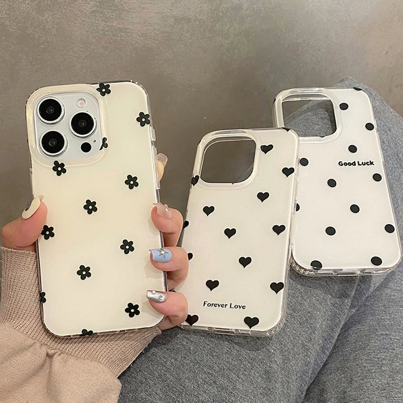 Fashion Black Love Heart Polka Dot Flowers Phone Case