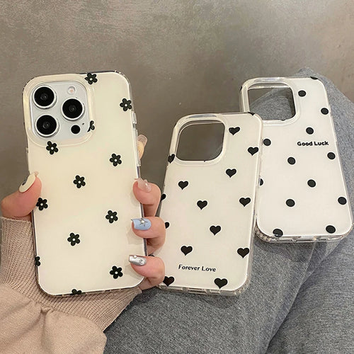 Fashion Black Love Heart Polka Dot Flowers Phone Case
