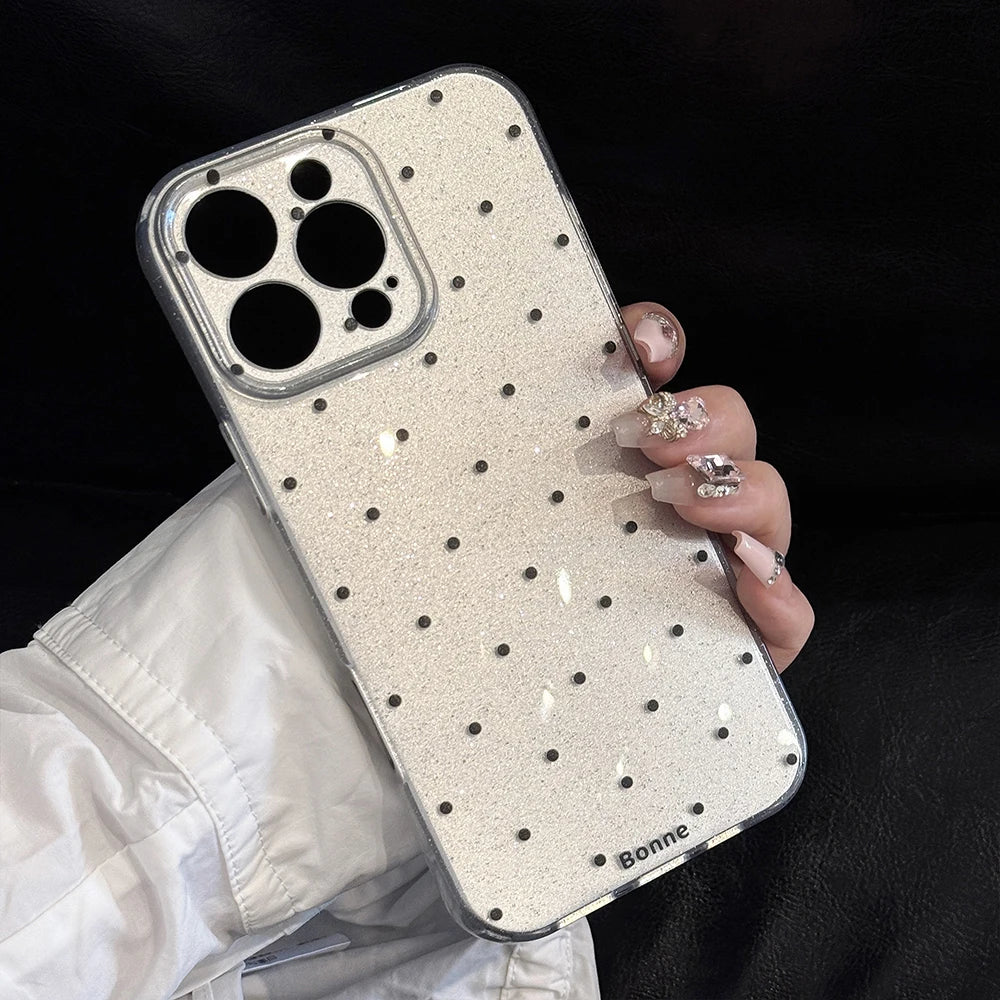 Lovely Glitter Korean Ins Sparkling Black White Polka Dots Phone Case