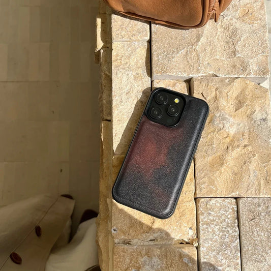 Art Retro Caramel Red Gradient Leather Texture Matte Shockproof Protective Phone Case