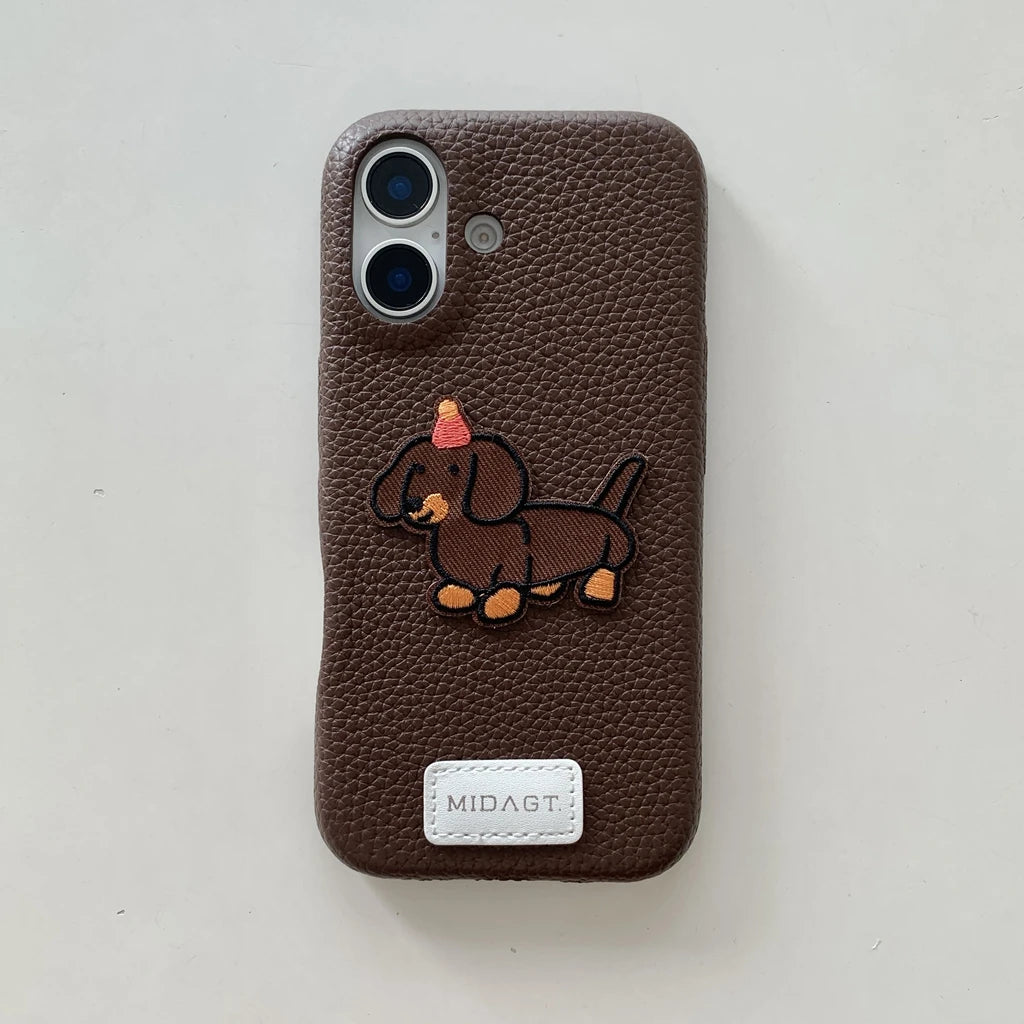 Cartoon Embroidered Cat Dog Series Stickers Solid Color Leather Phone Case