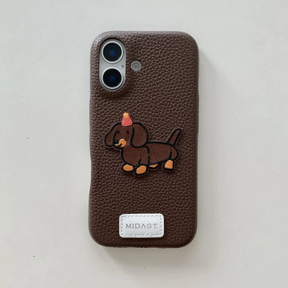 Cartoon Embroidered Cat Dog Series Stickers Solid Color Leather Phone Case