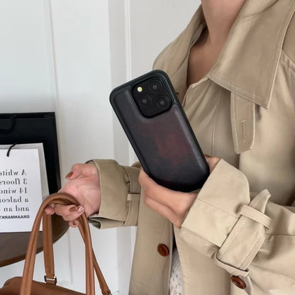 Art Retro Caramel Red Gradient Leather Texture Matte Shockproof Protective Phone Case