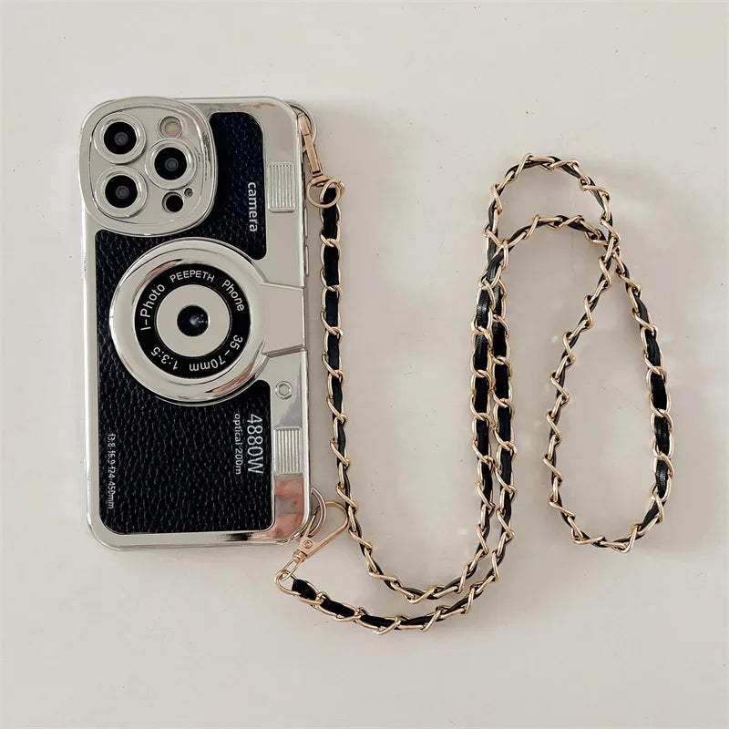 Retro Camera Sling iPhone Case with PU Leather Lanyard