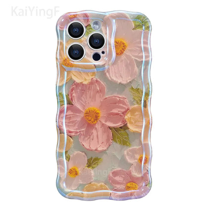 Stylish Phone Case Retro Oil Painting Flower Glossy Cute Floral Wave Border Exquisite Cover