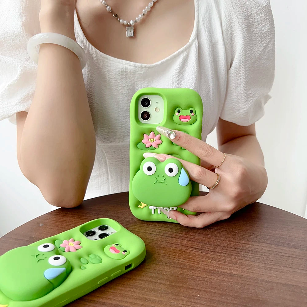 Funny 3D Cartoon Frog Bracket Soft Silicone Phone Case