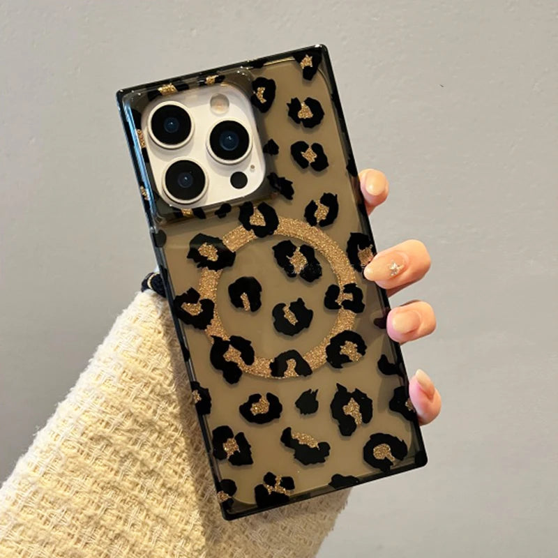 Stylish Rectangle Border Leopard Magnetic Wireless Charge Phone Case