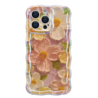 Stylish Phone Case Retro Oil Painting Flower Glossy Cute Floral Wave Border Exquisite Cover