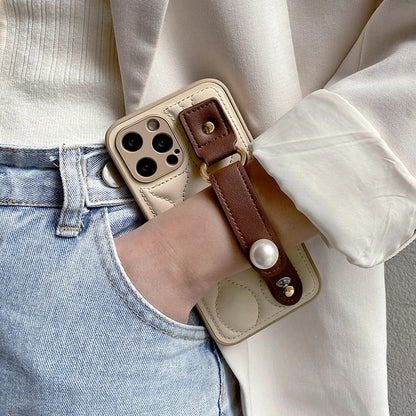Fashion Leather Pearl Wrist Strap Stand Phone Case