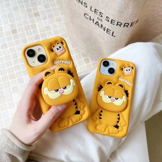 Cute 3D Carfield Head Grip Tok Holder Cartoon Rubber Silicon Soft Phone Case