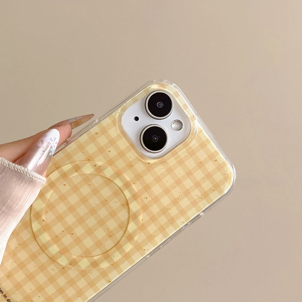 Cute Yellow Grid Wireless Charge Magsafe Cartoon Phone Case