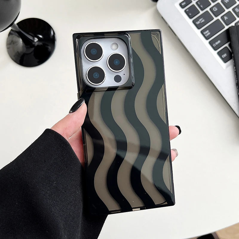 Ins Rectangular Edge Black Wavy Stripes Shockproof Phone Case