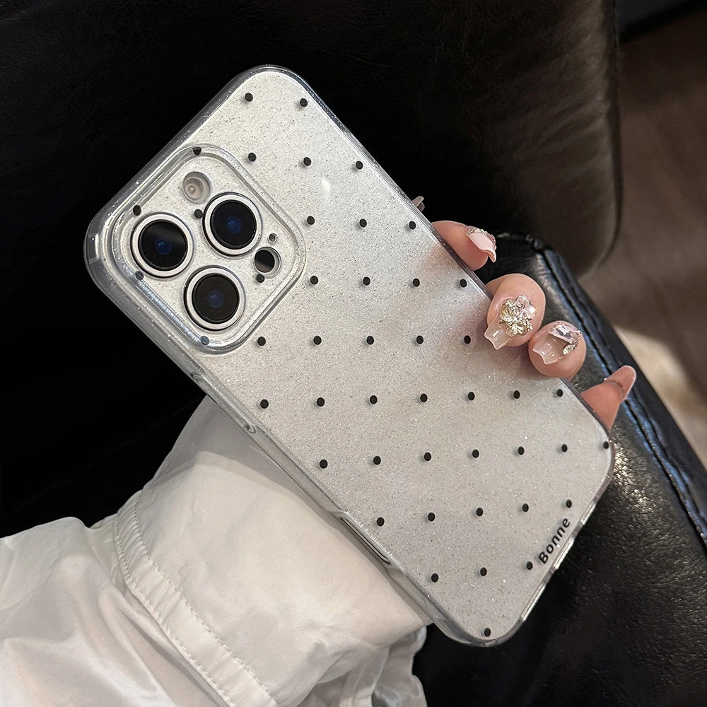 Lovely Glitter Korean Ins Sparkling Black White Polka Dots Phone Case