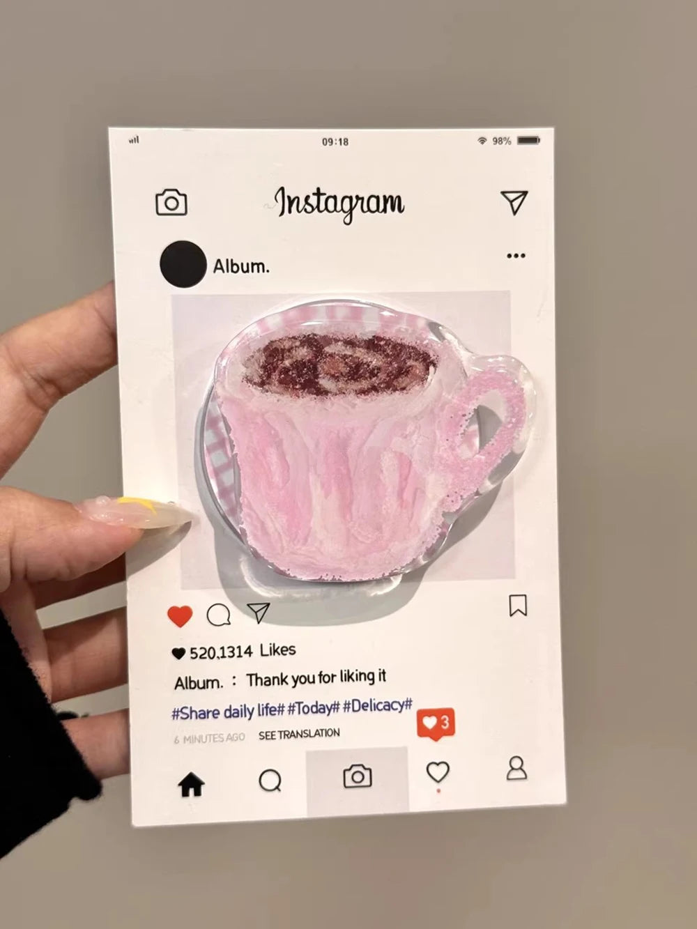 3D Cute Coffee Cup Clear Magnetic Grip Tok Pink Phone Case