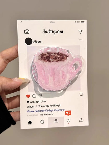 3D Cute Coffee Cup Clear Magnetic Grip Tok Pink Phone Case