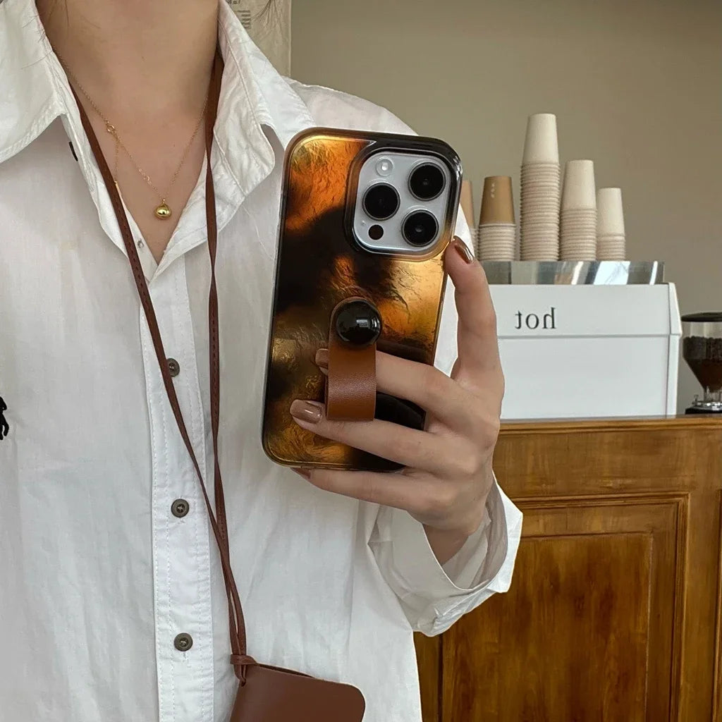 Stylish Brown Amber Glossy Iceberg Pattern Ring Buckle With Holder Phone Case