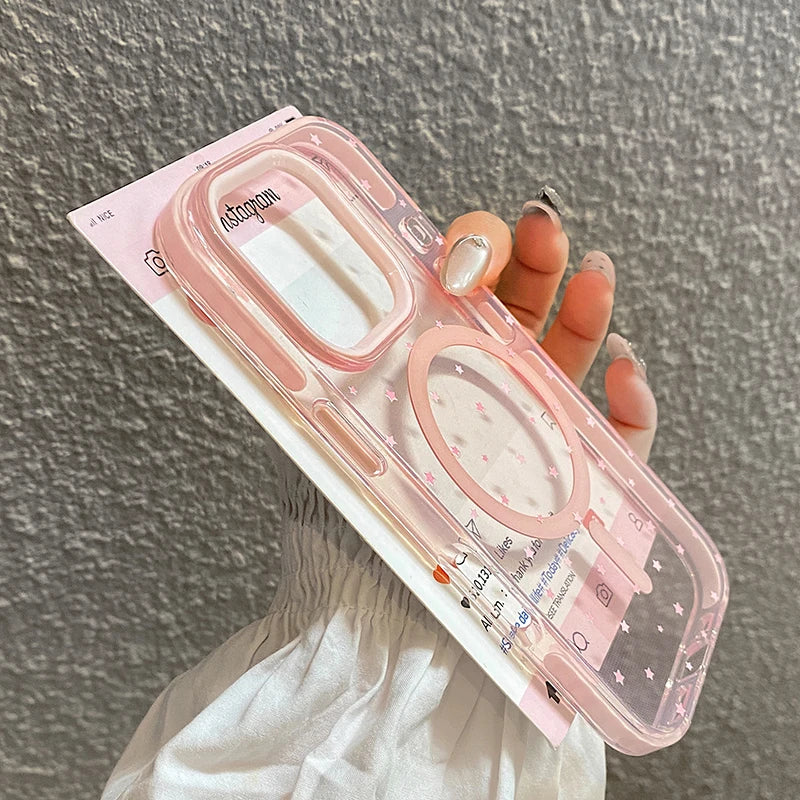 Pink Stars Magnetic Wireless Charge Clear Soft TPU Back Phone Case