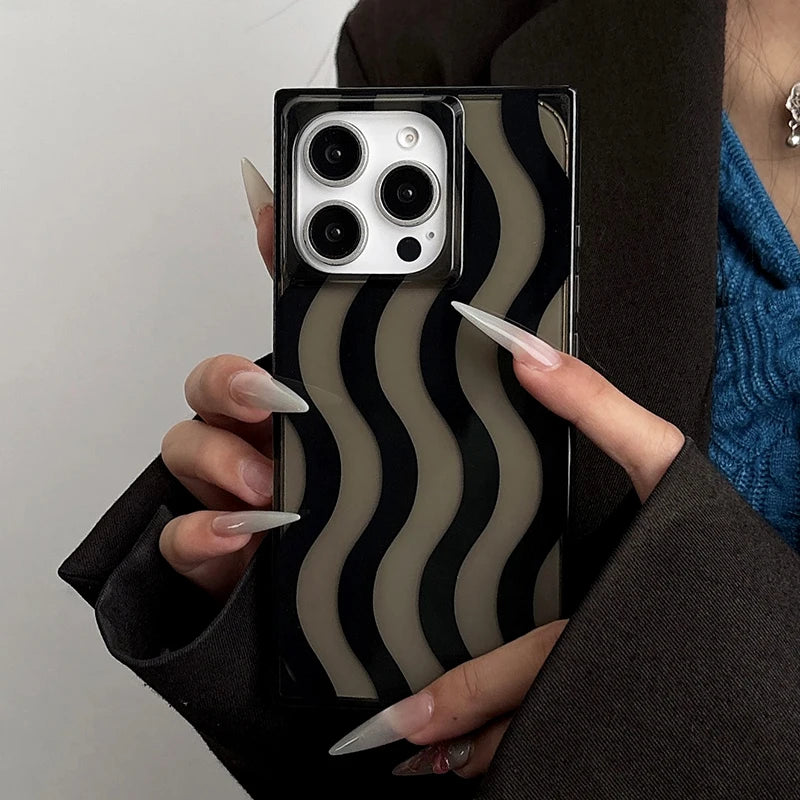 Ins Rectangular Edge Black Wavy Stripes Shockproof Phone Case