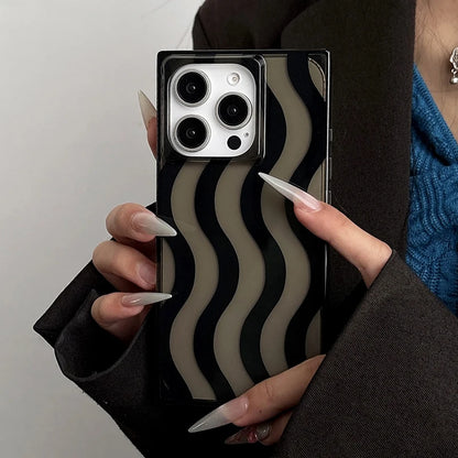 Ins Rectangular Edge Black Wavy Stripes Shockproof Phone Case