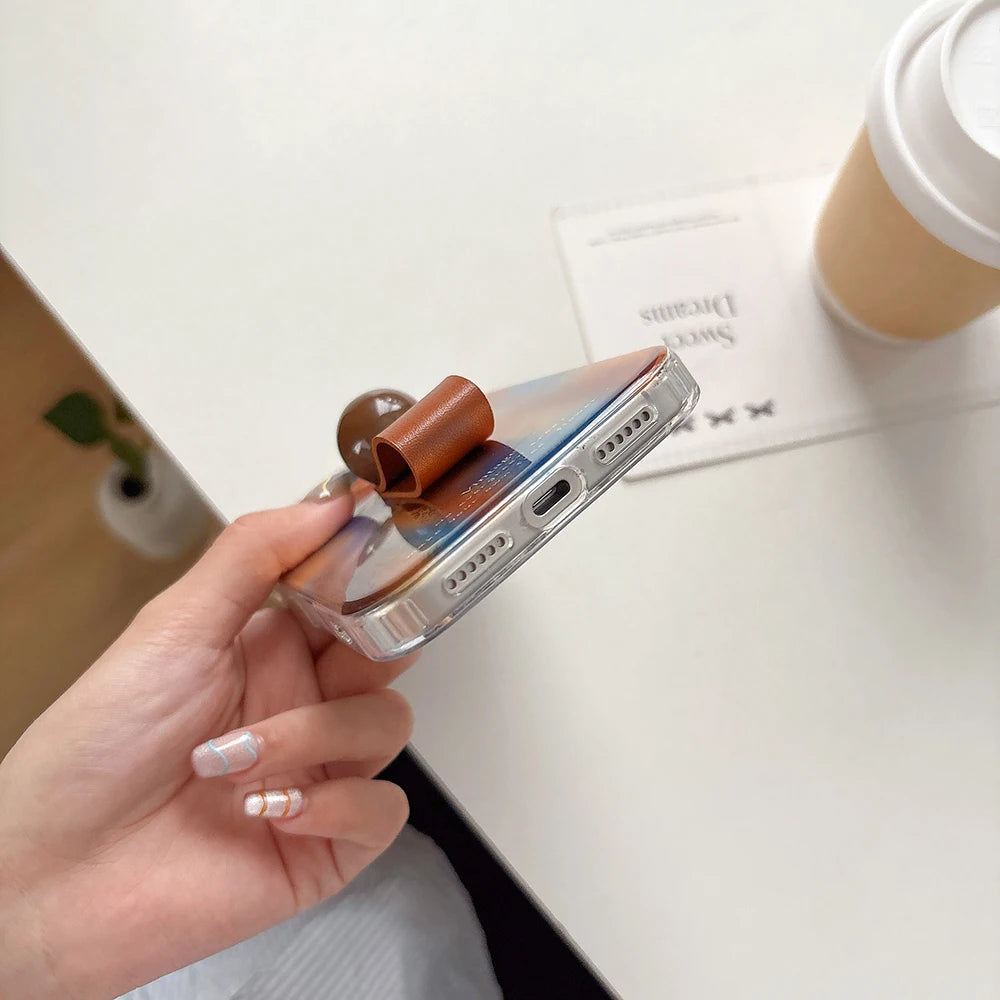 3D Ball Ring Buckle Bracket Leather Blue Orange Smudged Phone Case