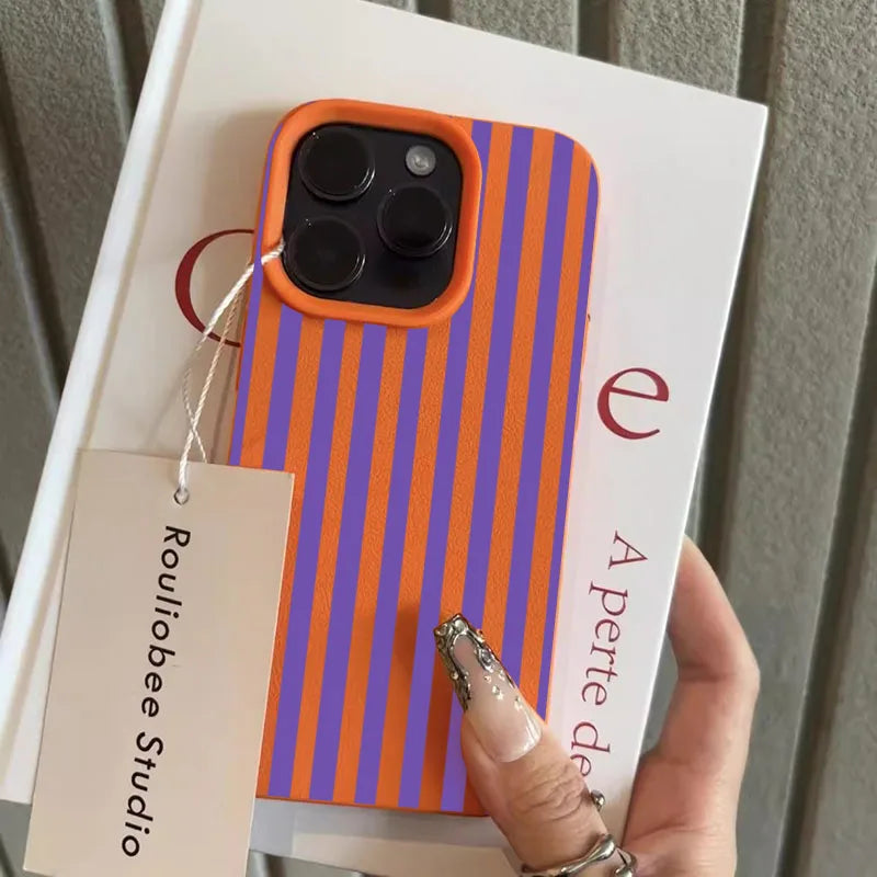 Colorful Striped Minimalist INS Couple Lichee Phone Case