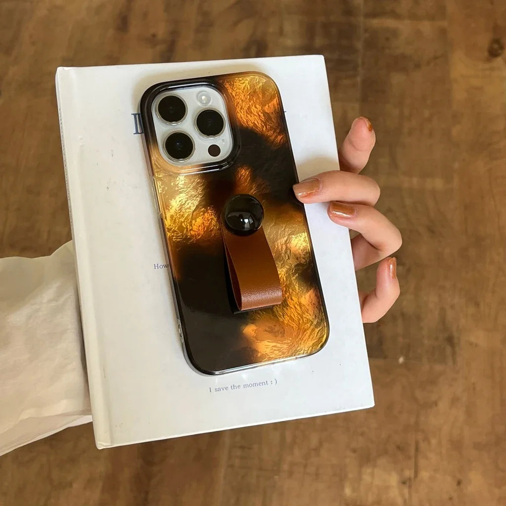 Stylish Brown Amber Glossy Iceberg Pattern Ring Buckle With Holder Phone Case