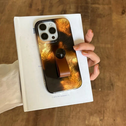 Stylish Brown Amber Glossy Iceberg Pattern Ring Buckle With Holder Phone Case