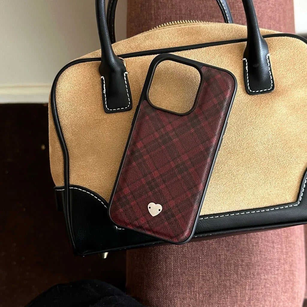 Retro Red Grid Pattern Leather Metal Love Heart Shockproof Protective Phone Case