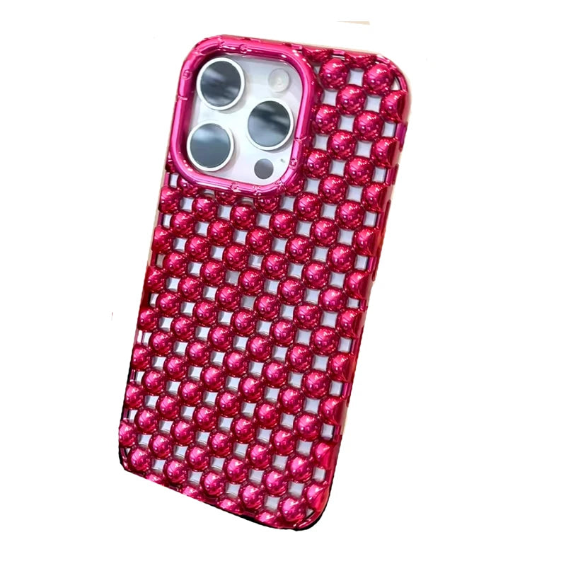 Luxury Plating Red Pearl Round Beads Heart Dissipation Phone Case