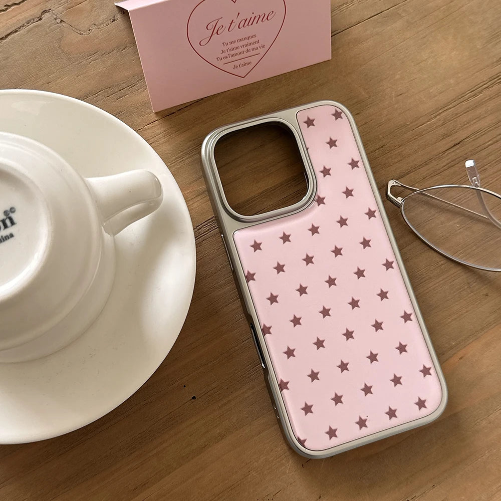 Cute Electroplated Frame Stars Pattern Pink Phone Case
