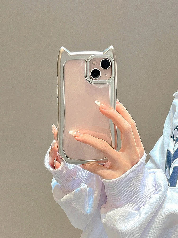 Cartoon Cute 3D Cat Ears Plating Silver Transparent Phone Case