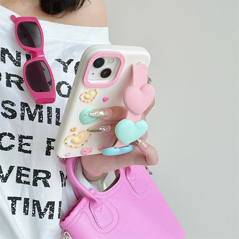 3D Cute Heart Cartoon Love Wristband Wrist Strap Phone Case