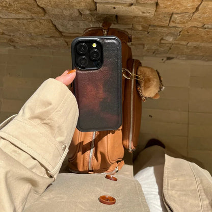 Art Retro Caramel Red Gradient Leather Texture Matte Shockproof Protective Phone Case
